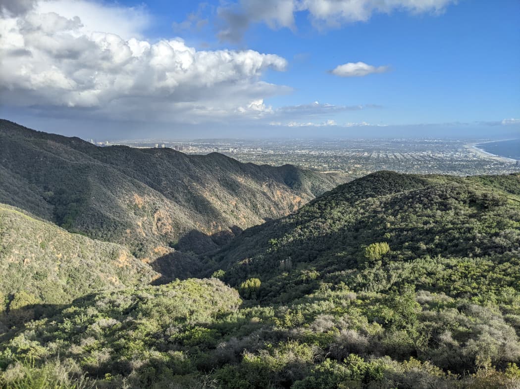 Temescal Canyon - A panoramic coastal view from a high vantage point overlooking the Pacific Ocean